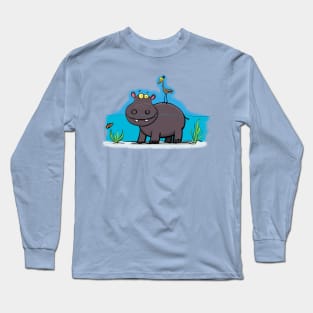 Cute hippo in the river with bird cartoon Long Sleeve T-Shirt